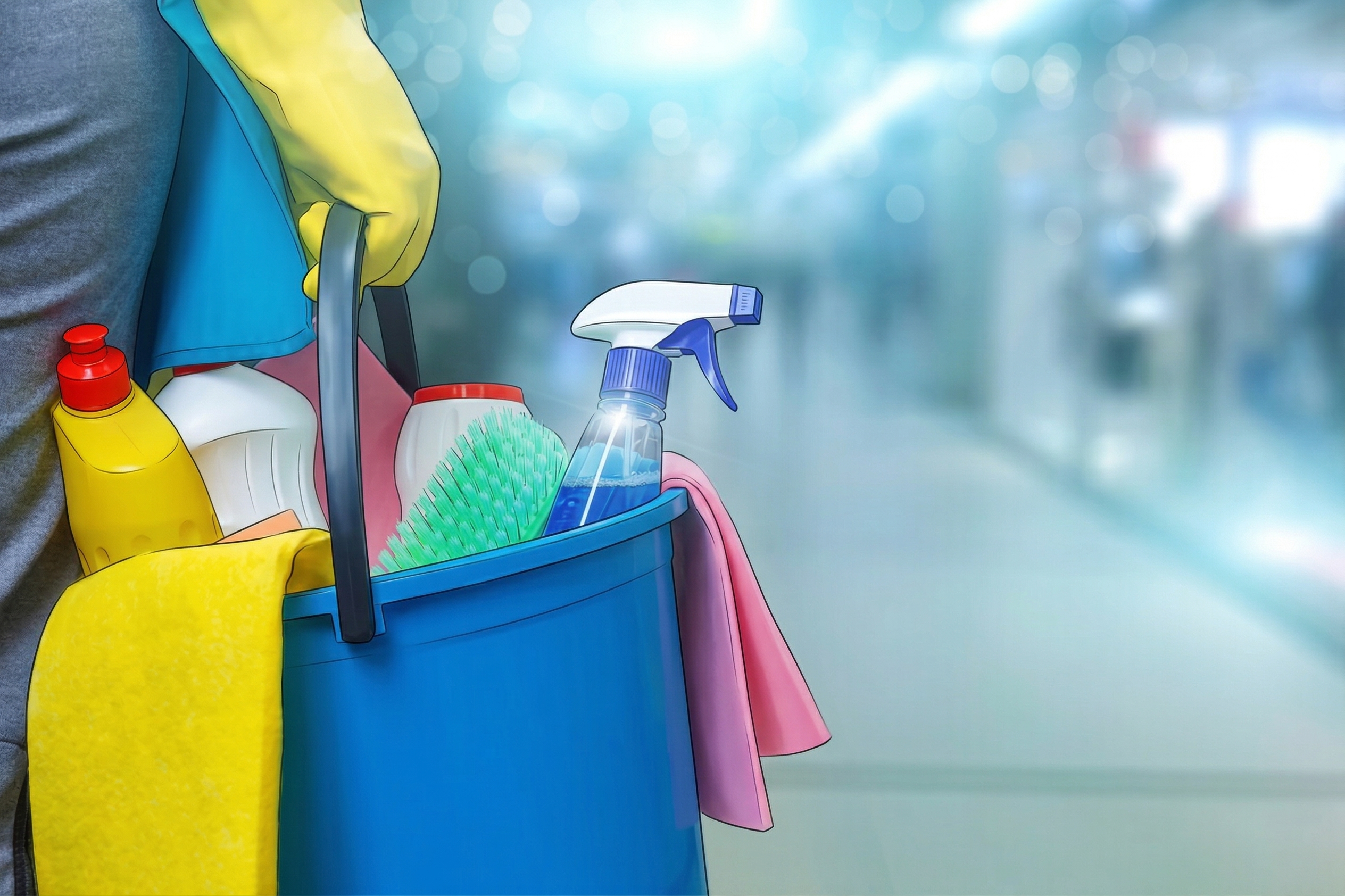 A bucket of cleaning equipment being carried by a woman