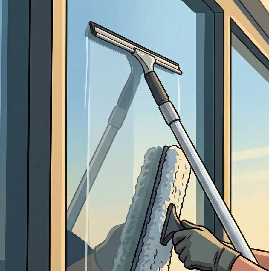 Window cleaning squeegee and applicator being used on a window