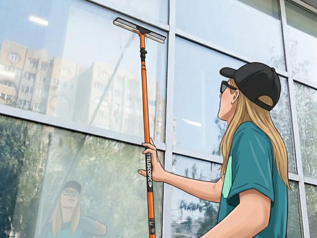 A woman cleaning windows with a squeegee on a pole