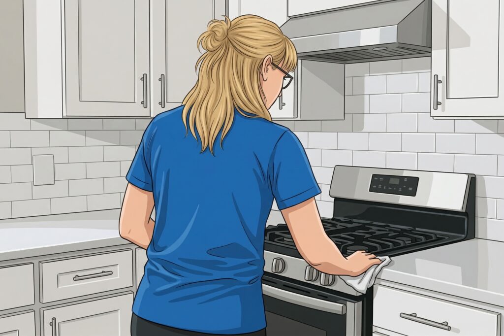 A woman cleaning a kitchen
