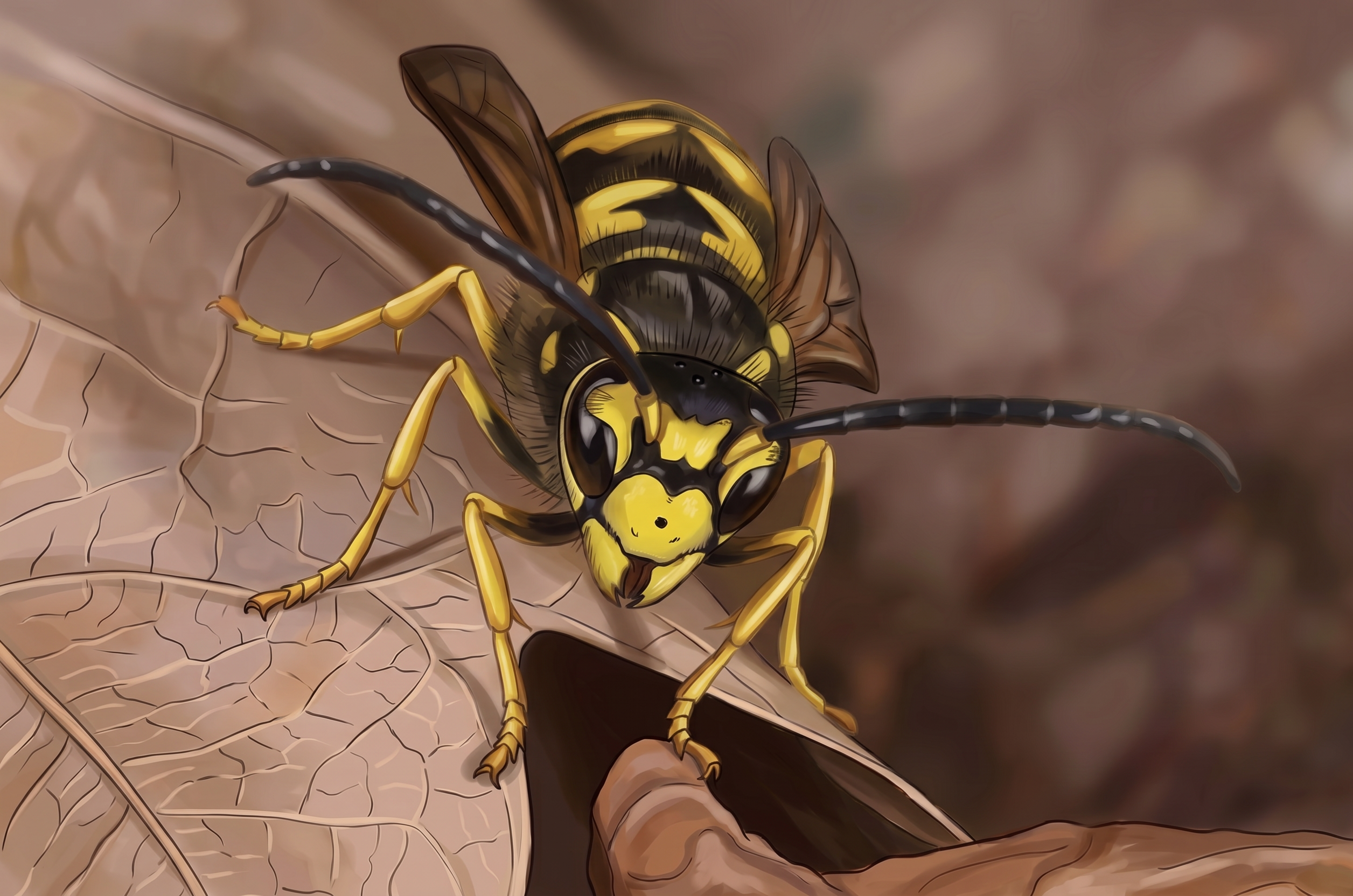 A common wasp (vespula vulgaris) on dried leaves