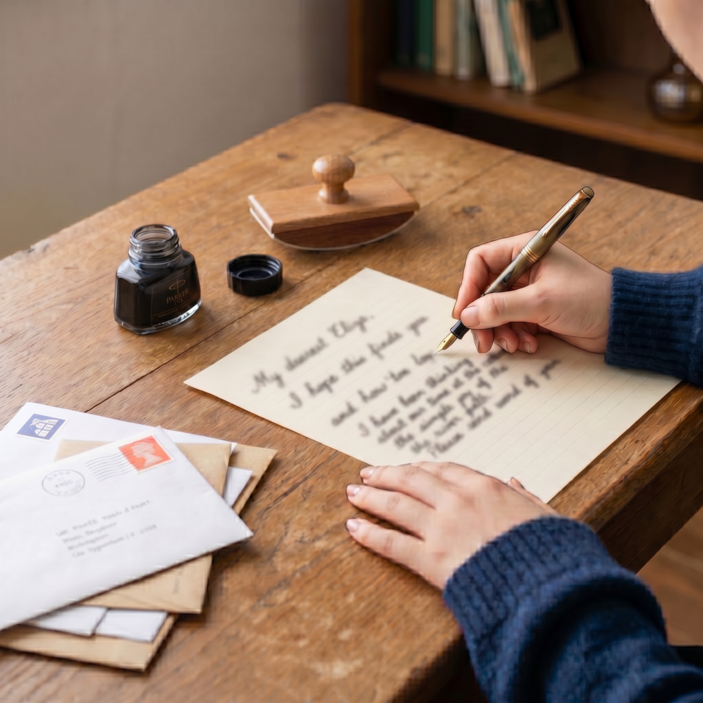 A woman writing a letter on a desk
